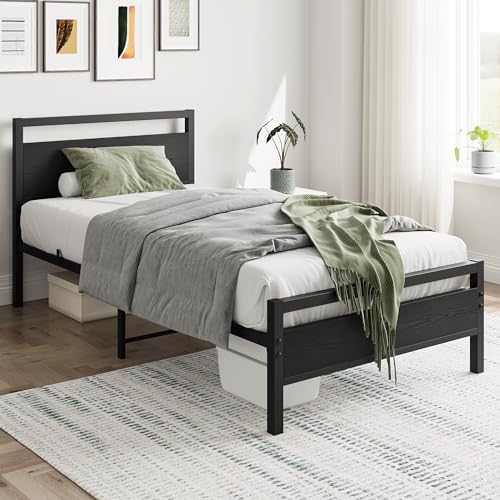 hojinlinero black twin bed frame with wood headboard,single, close-up detail