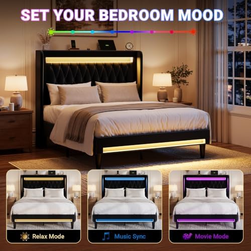 allewie queen size upholstered bed frame with led, side view