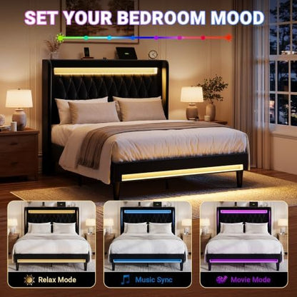 allewie queen size upholstered bed frame with led, side view