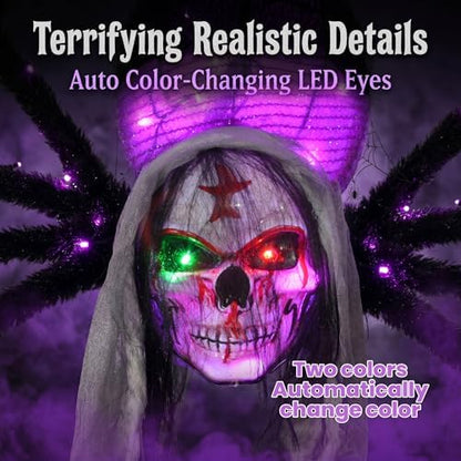 52" Halloween Giant Skull Face Spider, Lighted Outdoor Decoration with Flashing Red & Green Eyes, 70 LED Glowing Spider for Yard, Lawn, Porch, Haunted House Decor (52" Wall-Mounted)