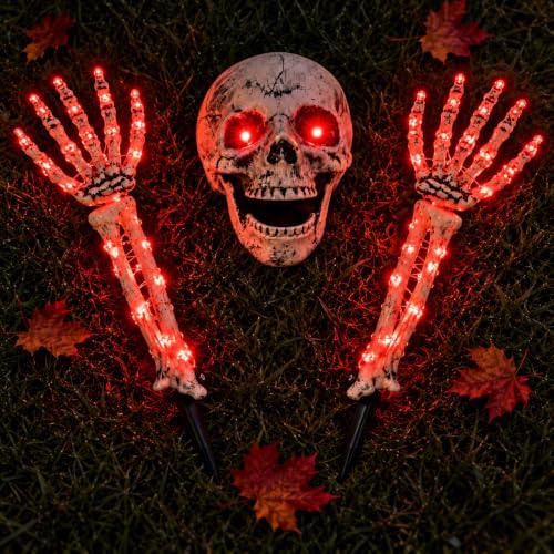 Halloween Skeleton Decorations Outdoor, Light Up Skull Head & Skeleton Hands Stake Lights with Red LED, Battery Operated Halloween Yard Decor for Lawn, Garden, Graveyard, Haunted House & Party