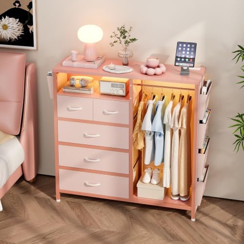 dresser with clothes rack, 5 drawer chest with shown in use