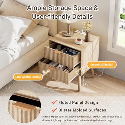 fluted nightstand with charging station & beveled edges showing dimensions