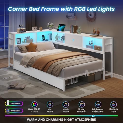corner twin bed frame with storage bookcase,2 drawers, close-up detail