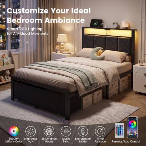 twin size bed frame with upholstered headboard and, close-up detail