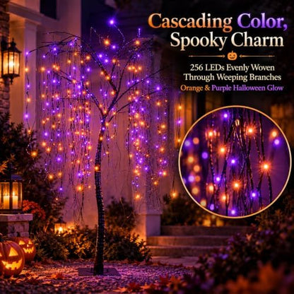 7 FT Halloween Lighted Willow Tree 256 LED Orange and Purple Lights Artificial Weeping Willow Tree with 6 Spiders Outdoor Indoor Decoration Christmas Festival Party Home Decor