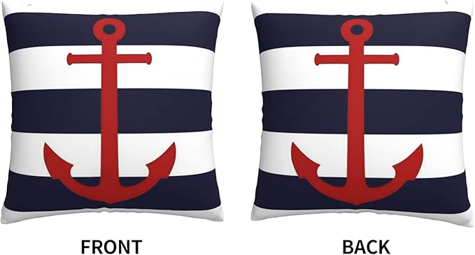 Myshe Square Nautical Red Anchor On Navy Blue Stripes Throw Pillow Cover - Image 3