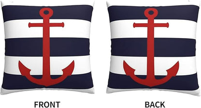 Myshe Square Nautical Red Anchor On Navy Blue Stripes Throw Pillow Cover - Image 3
