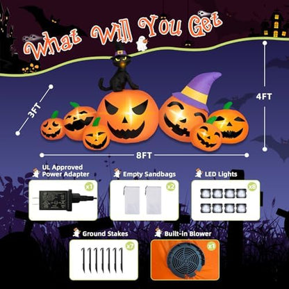 8FT Long Halloween Inflatables Pumpkin Outdoor Decorations, 7 Blow Up Pumpkins Inflatables with Witch Hat & Black Cat Built-in LED Lights for Halloween Party Yard Garden Lawn Decorations
