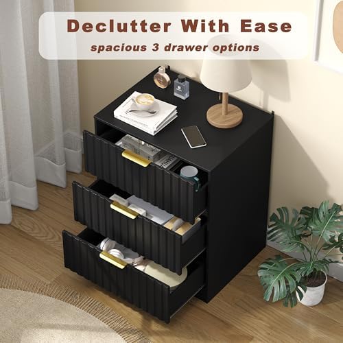 3 drawer dresser, fluted nightstand with storage,black, close-up detail