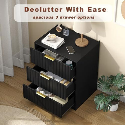 3 drawer dresser, fluted nightstand with storage,black, close-up detail