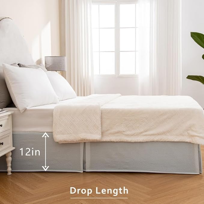 MIYE Pleated Waffle Weave Bed Skirt, Tailored Dust Ruffle 12 Inch Drop Easy Fit - Image 6