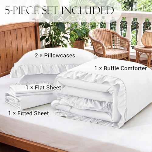 zrnbast white ruffle bedding set twin, 5-piece bed on a desk or shelf