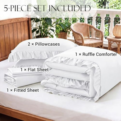 zrnbast white ruffle bedding set twin, 5-piece bed on a desk or shelf