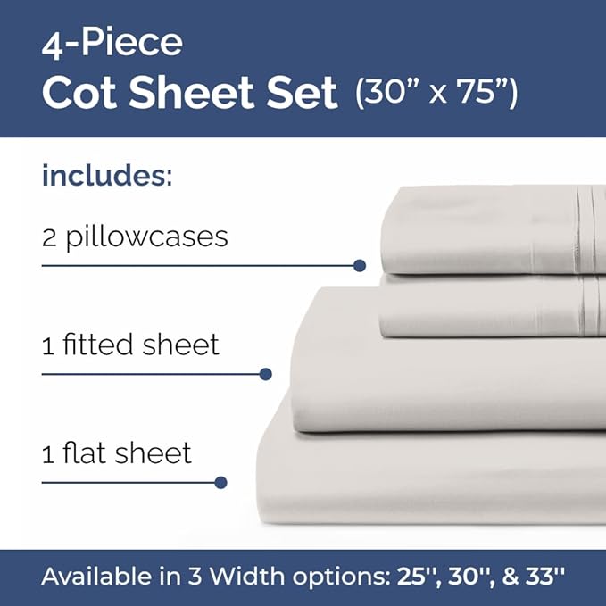 Cot Sheet Set 30” x 75” – 4 Piece Cot Size Narrow Twin Mattress Sheets – Ideal - Image 2