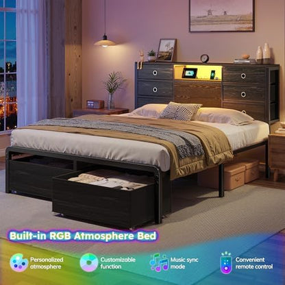 homkdom queen size bed frame with 8 drawers showing dimensions