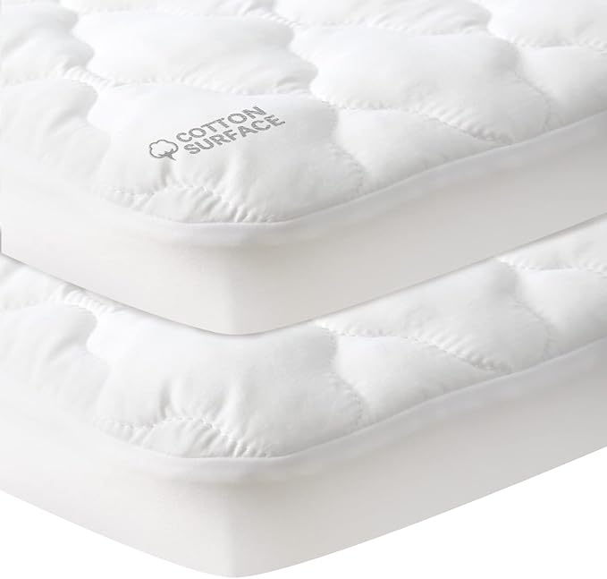 Pack and Play Mattress Pad Protector 2 Pack Waterproof, Cotton Fabric Absorbent by Moonsea