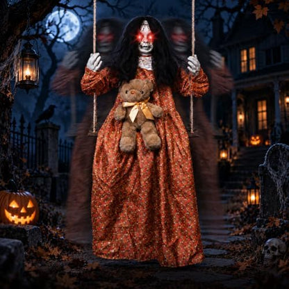Scary Halloween Decorations Outdoor, Halloween Hanging Swinging Girl Ghots Decor with Creepy Sound and Light Up Eyes Sound, Creepy Props for Yard Trees Graveyard Haunted House Indoor Outside