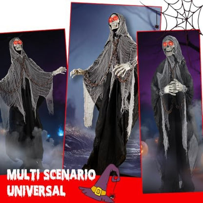 Halloween Skeleton With LED Red Glowing Eyes, Sound & Touch Activated Motion, Audio & Swaying Body, Adjustable Joint Arms for Theme Party, Yard, Lawn, Indoor Outdoor Display Gray Clothes