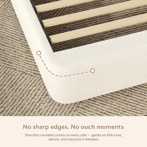 hombck queen bed frame,white boucle upholstered platform bed showing dimensions