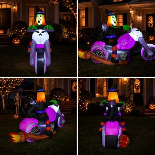 7FT Gaint Halloween Inflatables Witch on Motorcycle with Black Cat,Blow Up Outdoor Decorations with LED for Yard,Lawn, Garden, Porch and Party