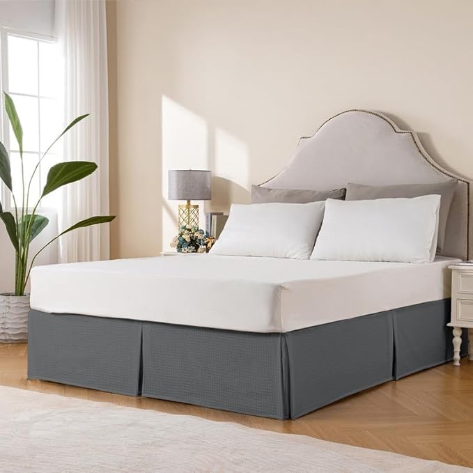 MIYE Pleated Waffle Weave Bed Skirt, Tailored Dust Ruffle 18 Inch Drop Easy Fit - Image 5