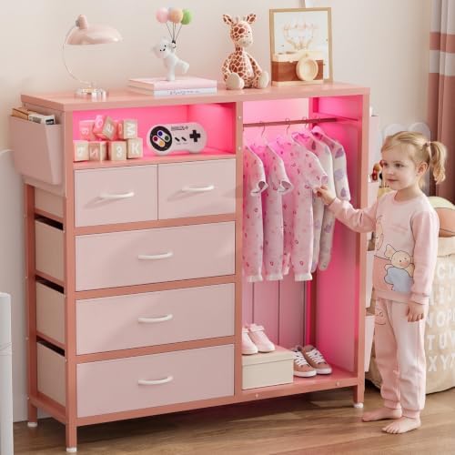 dresser with clothes rack, 5 drawer chest with, front angle view