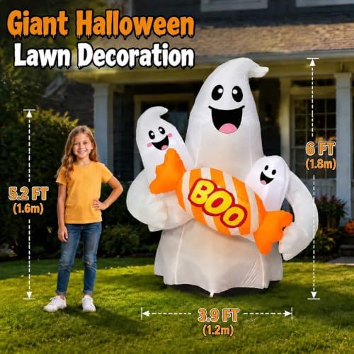 6FT Halloween Inflatable Ghosts Outdoor Decorations, Cute Ghosts Holding Boo Candy, Blow Up Yard Decoration with Bright LEDs & Stakes, Outdoor Decor for Lawn Garden Family Party