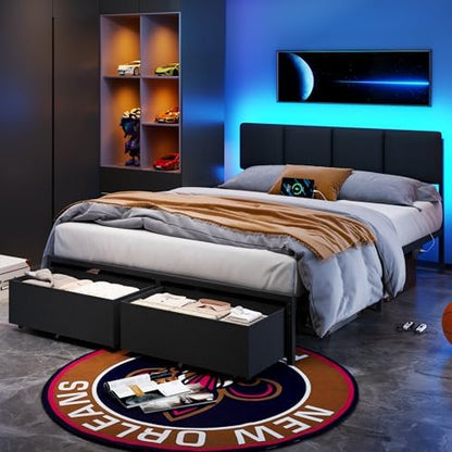 furnulem queen bed frame with upholstered headboard and on a desk or shelf