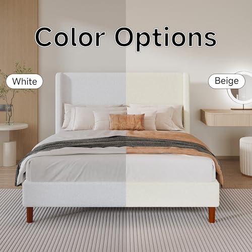 king bed frame, boucle upholstered platform bed with, view 9