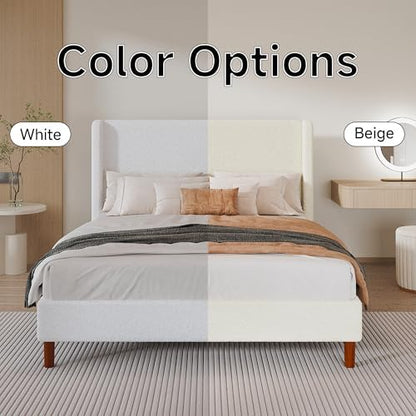 king bed frame, boucle upholstered platform bed with, view 9