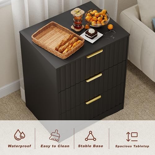 3 drawer dresser, fluted nightstand with storage,black, package contents
