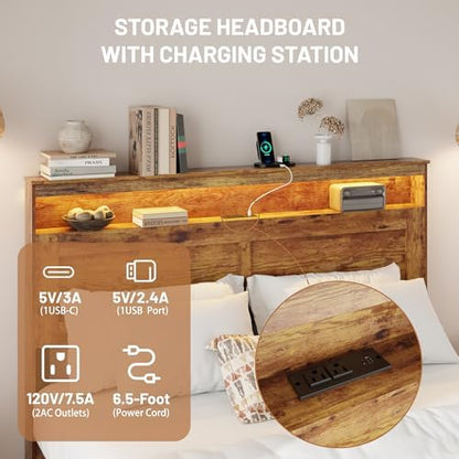wooden bed frame king size with storage headboard, side view