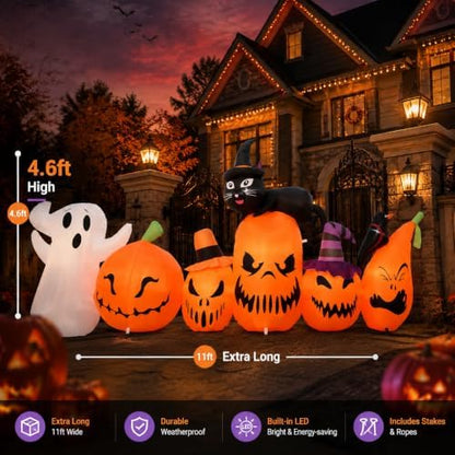 11FT Extra Wide Halloween Inflatables Pumpkins Outdoor Decorations, Blow Ups 5 PCS Pumpkins with Build-in LED Lights, Funny Yard Garden Decoration for Halloween Party Indoor Outdoor