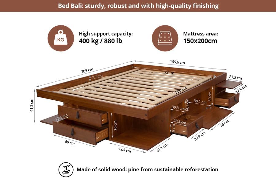 memomad Bali Slim Set: Bed + Flat Headboard, Queen Size, Caramel Brown