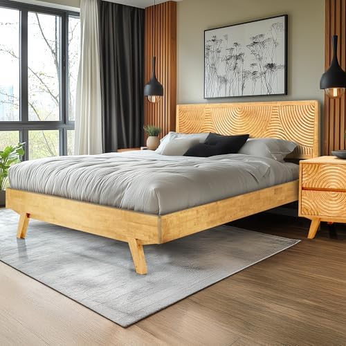 acacia harmony king solid wood platform bed frame, front angle view