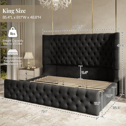 jocisland king size bed frame upholstered sleigh headboard&footboard,black shown in use