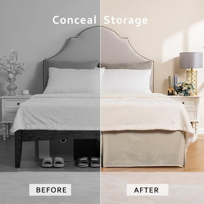 MIYE Pleated Waffle Weave Bed Skirt, Tailored Dust Ruffle 12 Inch Drop Easy Fit - Image 5