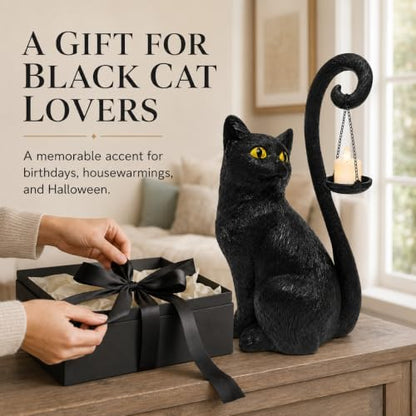 Black Cat Candle Holder Statue Halloween Decor Gothic Cat Lamp Decoration