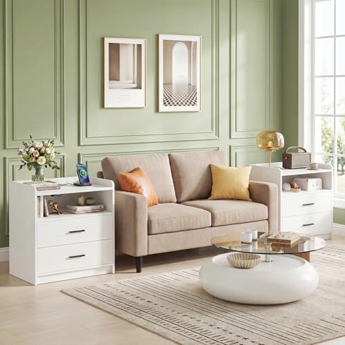 aheaplus nightstand with charging station, large 2 drawers, front angle view