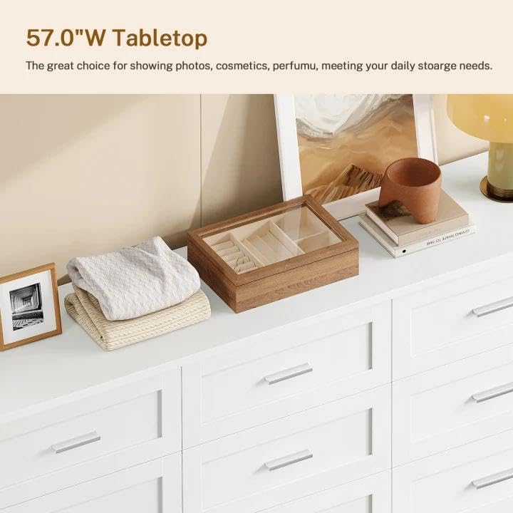TEENFON 57.1"W White Dresser for Bedroom, Modern 9 Drawer Dresser with M...