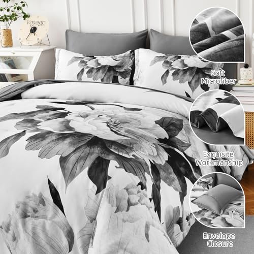 Dobuyly Grey Queen Comforter Set 7 Piece Bed in a Bag, Gray Floral Printed on...