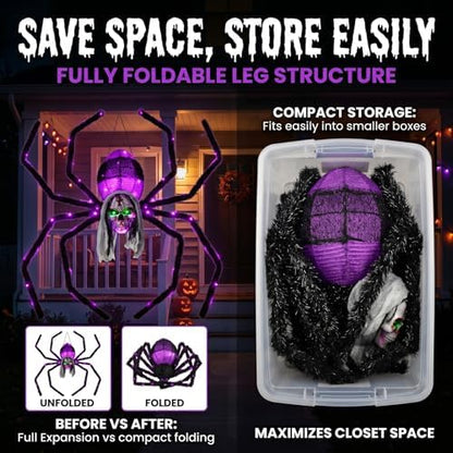 52" Halloween Giant Skull Face Spider, Lighted Outdoor Decoration with Flashing Red & Green Eyes, 70 LED Glowing Spider for Yard, Lawn, Porch, Haunted House Decor (52" Wall-Mounted)