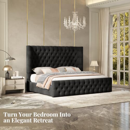 jocisland king size bed frame upholstered sleigh headboard&footboard,black, front angle view