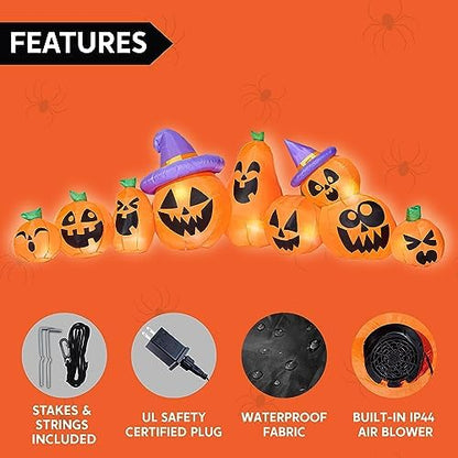 Joiedomi 12.5 FT Halloween Inflatable Pumpkin Outdoor Decorations, Blow Up Yard Decorations with Witch Hat, 9 Pcs Blow Up Pumpkin Inflatable with Built-in LEDs for Halloween Decor