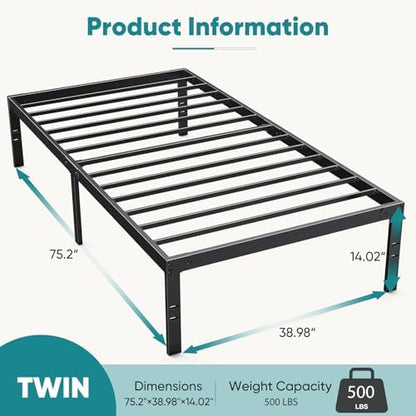 olixis 14in twin metal bed frame, sturdy support shown in use