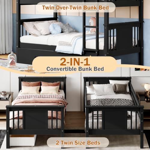 FUQARHY Solid Wood Twin-Over-Twin Bunk Bed with 2 Storage Drawers