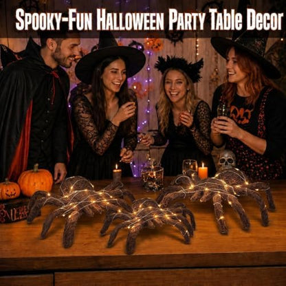 3 Pcs Halloween Rattan Woven Fake Spider Decor with String Lights
