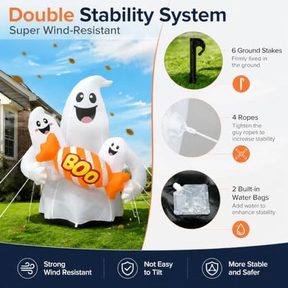 6FT Halloween Inflatable Ghosts Outdoor Decorations, Cute Ghosts Holding Boo Candy, Blow Up Yard Decoration with Bright LEDs & Stakes, Outdoor Decor for Lawn Garden Family Party