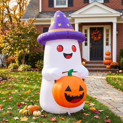 5 FT Halloween Inflatables Decor, Cute Inflatable Ghost with Pumpkin, Built-in 2 LEDs for Halloween Garden, Patios & Indoor Parties Party Decoration